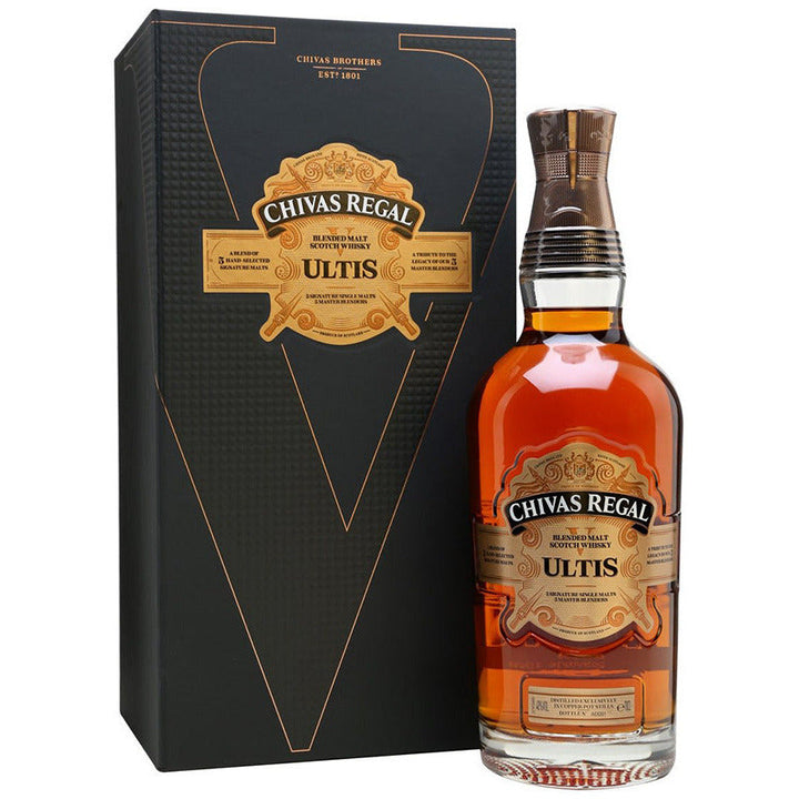 Chivas Regal Ultis original 700ml blended malt Scotch whisky bottle and black gold branded gift box