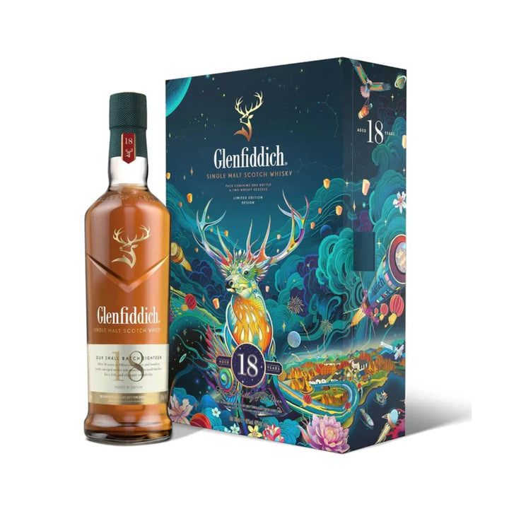 Glenfiddich 18 Year Old 700ml festive gift pack with decorative box and Scotch whisky bottle