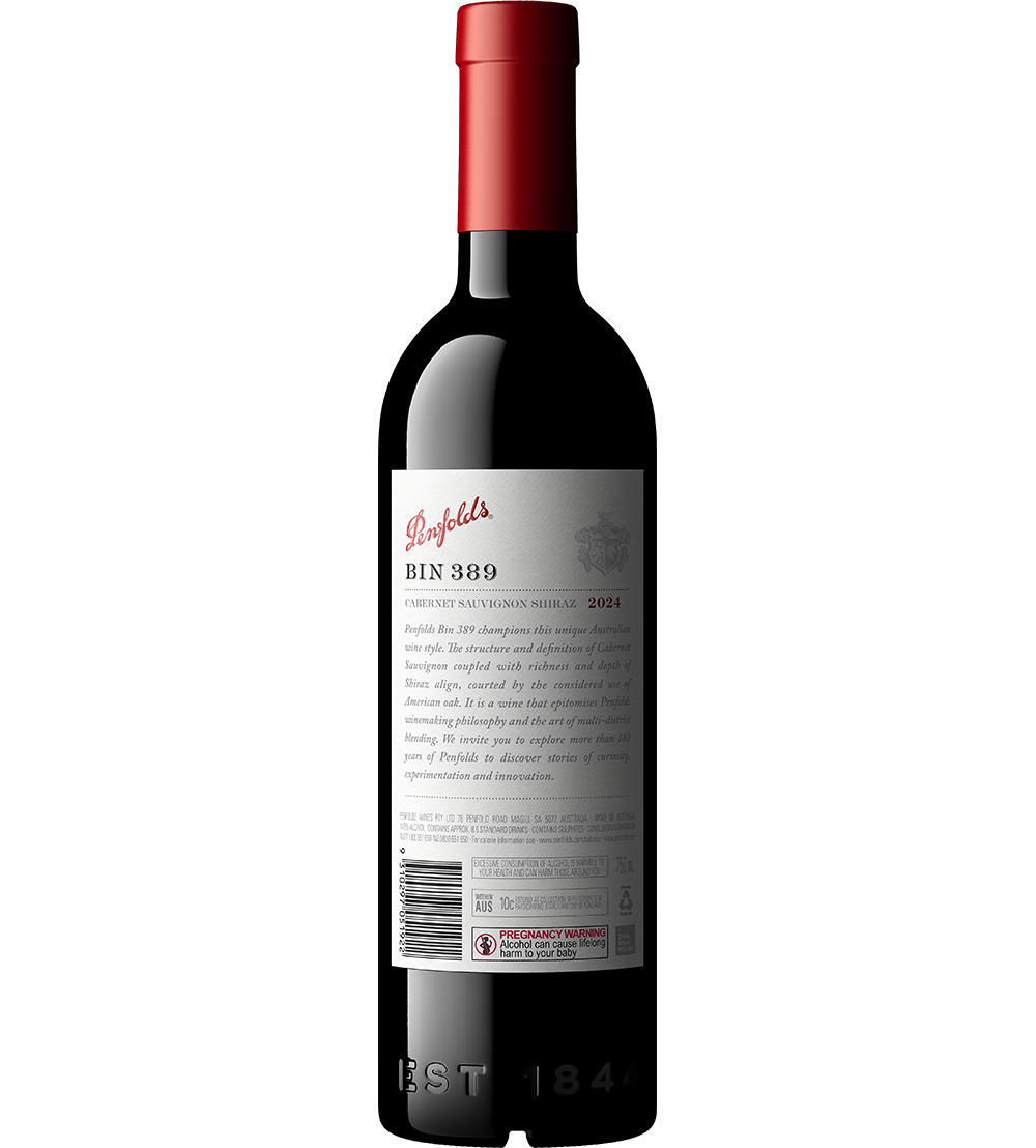 Penfolds Bin 389 Cabernet Shiraz 2024 bottle back label
