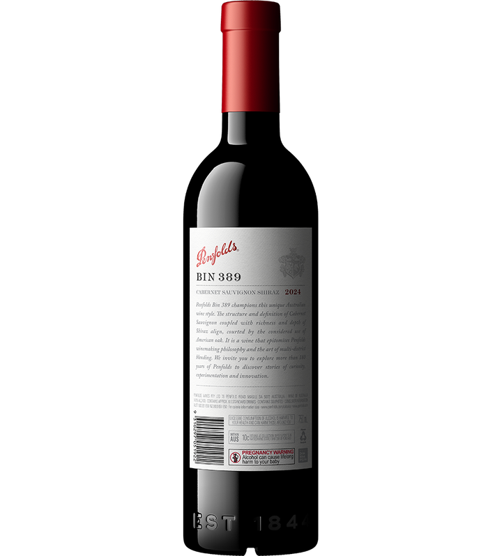 Penfolds Bin 389 Cabernet Shiraz 2024 bottle back label