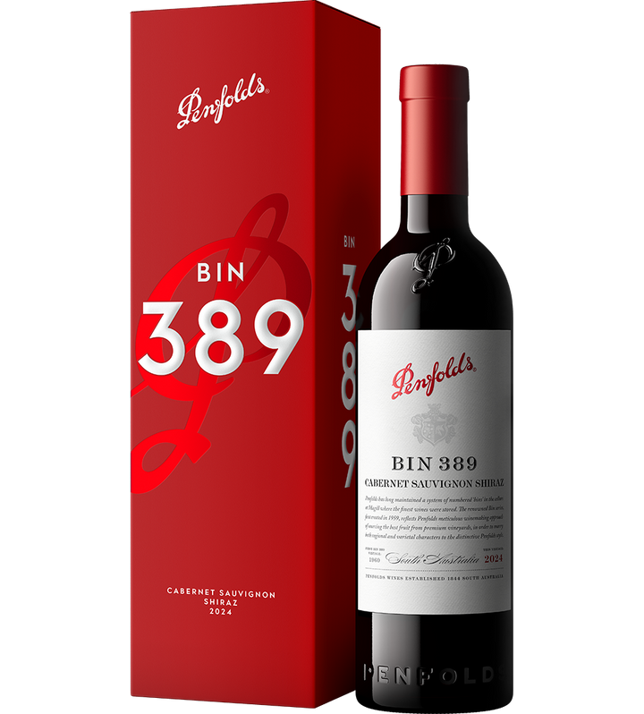 Penfolds Bin 389 Cabernet Shiraz 2024 standard gift box and bottle