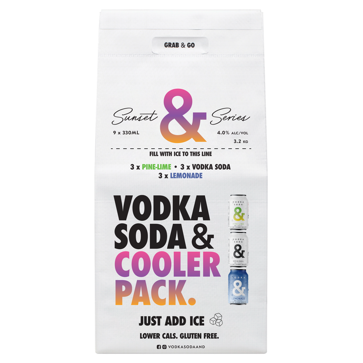 Ampersand Sunset Series cooler pack containing 9 x 330ml cans: Pine Lime, Vodka Soda and Lemonade