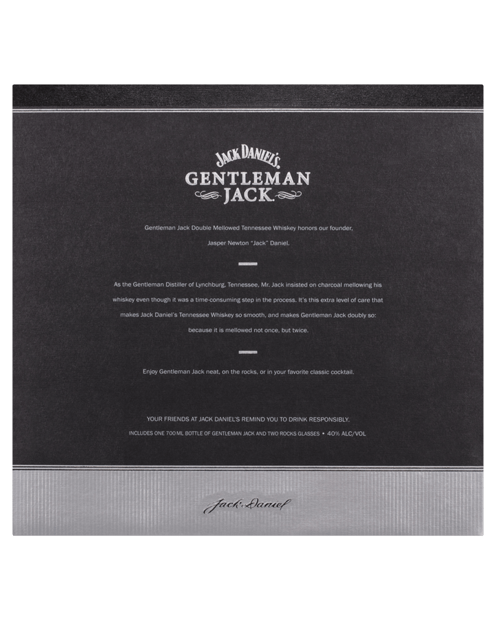 Gentleman Jack Tennessee Whiskey 700ml and two-glass gift pack back of packaging