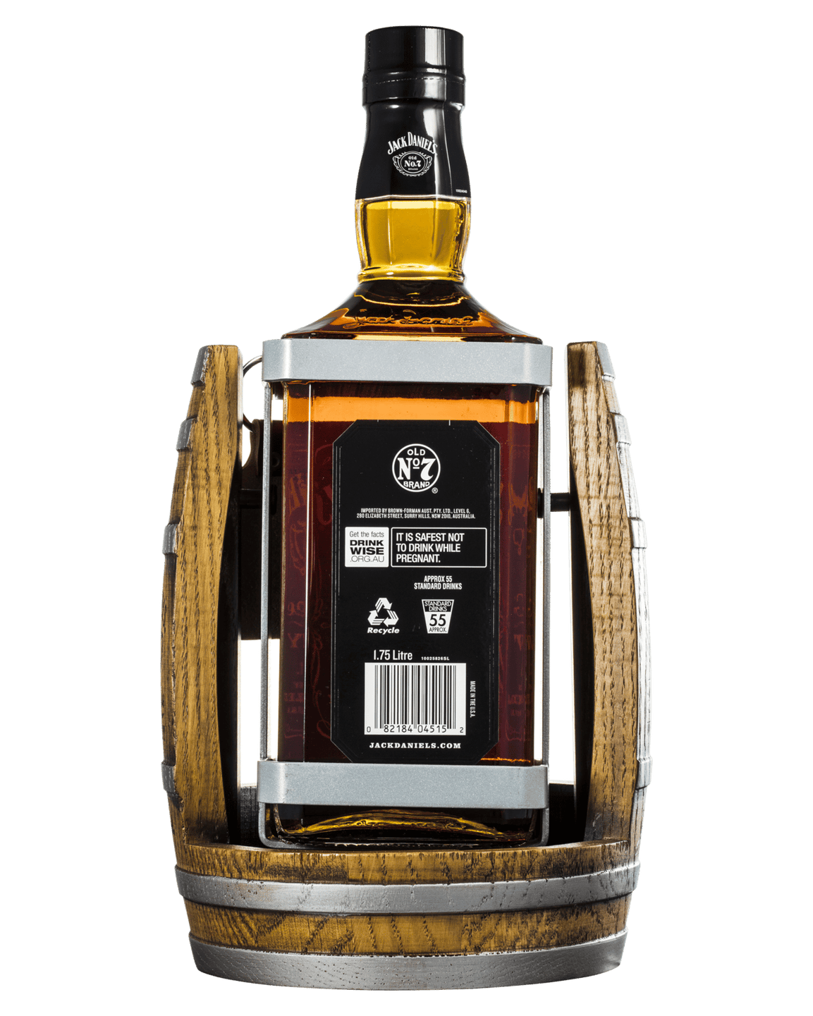 Rear view of Jack Daniel's 1.75 litre Tennessee whiskey bottle in its barrel cradle