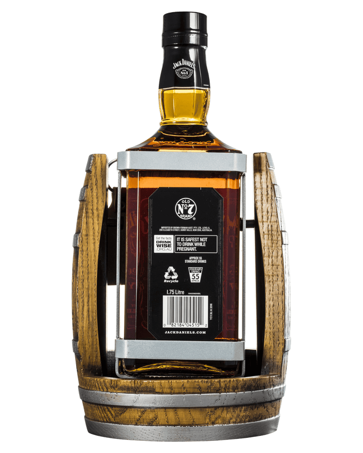 Rear view of Jack Daniel's 1.75 litre Tennessee whiskey bottle in its barrel cradle