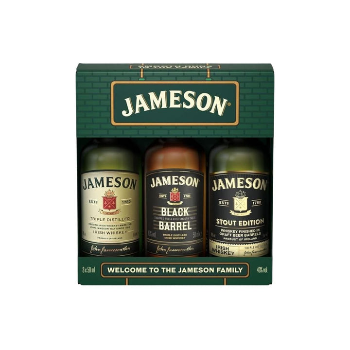 Jameson Original, Black Barrel and Stout Edition sample gift pack, three 50ml bottles