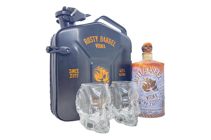 Rusty Barrel Vodka Jerry Can Gift Pack 700mL with two skull glasses